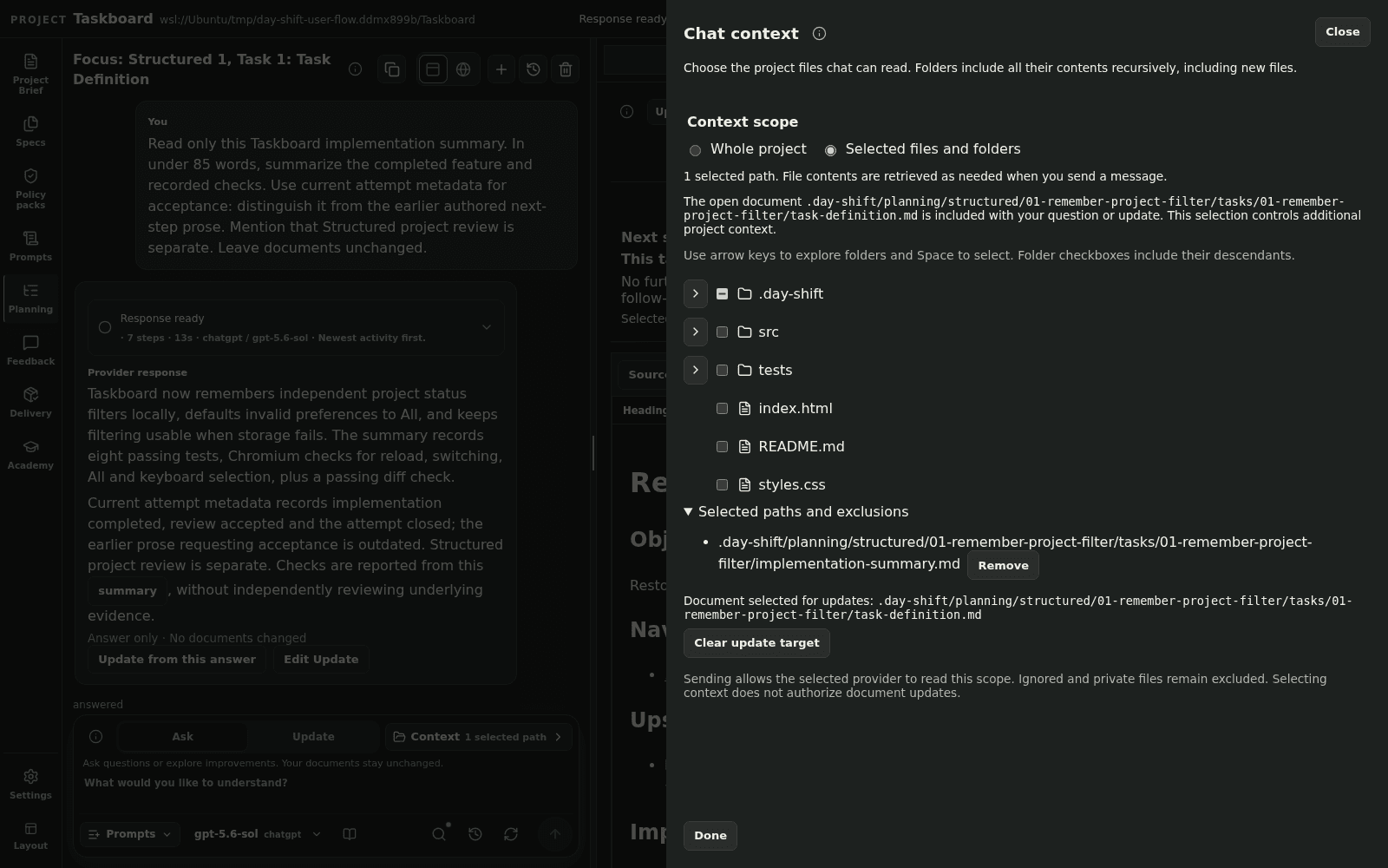 Day Shift chat-context controls showing a selected implementation-summary file, the automatically included open document, and the read-versus-update disclosure.
